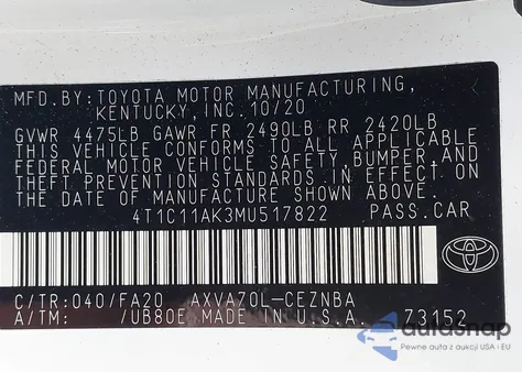 2021 Toyota Camry Le from USA, damaged, VIN 4T1C11AK3MU517822